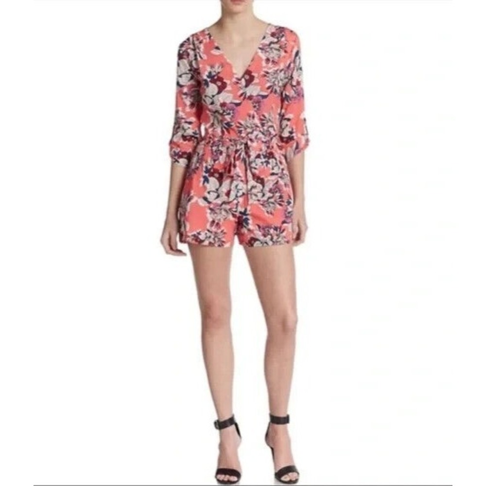 Yumi Kim Liz Floral 3/4 Sleeve Romper Blossom Pink Tie Waist Jumper XS Small - Picture 5 of 15
